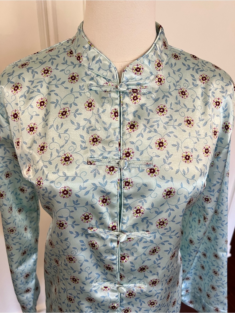 Vintage Y2K Ice Blue Satin Floral Frog Closure Mandarin Collar Pajama Set M - Picture 4 of 7